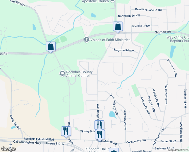map of restaurants, bars, coffee shops, grocery stores, and more near 1144 Pinedale Circle Northwest in Conyers