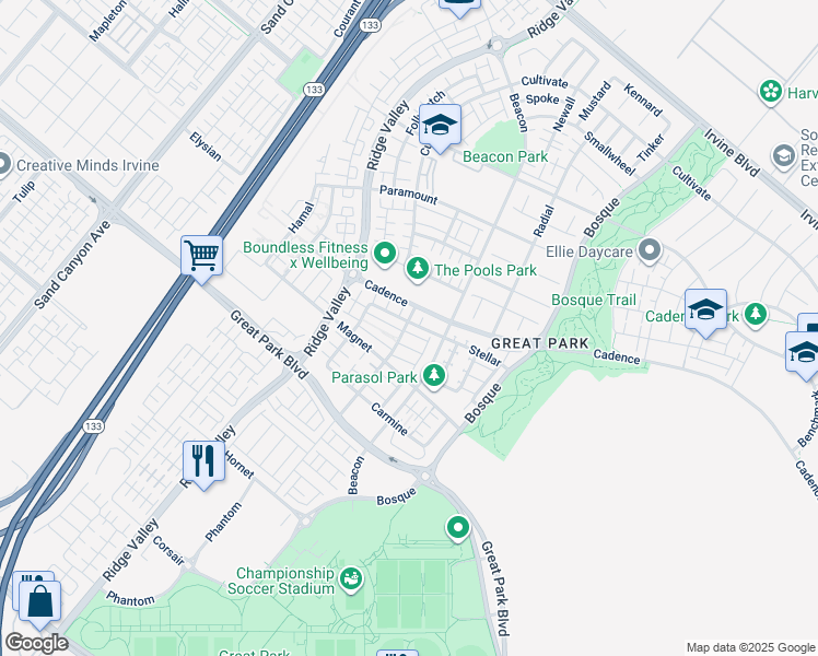 map of restaurants, bars, coffee shops, grocery stores, and more near 104 Terrapin in Irvine