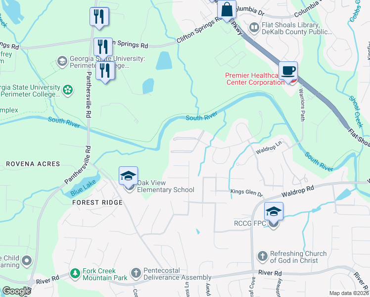 map of restaurants, bars, coffee shops, grocery stores, and more near 6303 Waldrop Place in Decatur