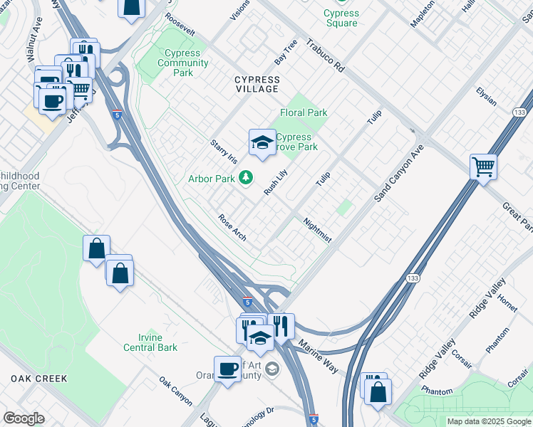 map of restaurants, bars, coffee shops, grocery stores, and more near 72 Ivory Petal in Irvine