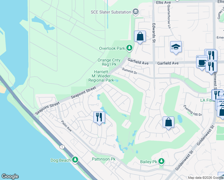 map of restaurants, bars, coffee shops, grocery stores, and more near 19032 Avondale Lane in Huntington Beach