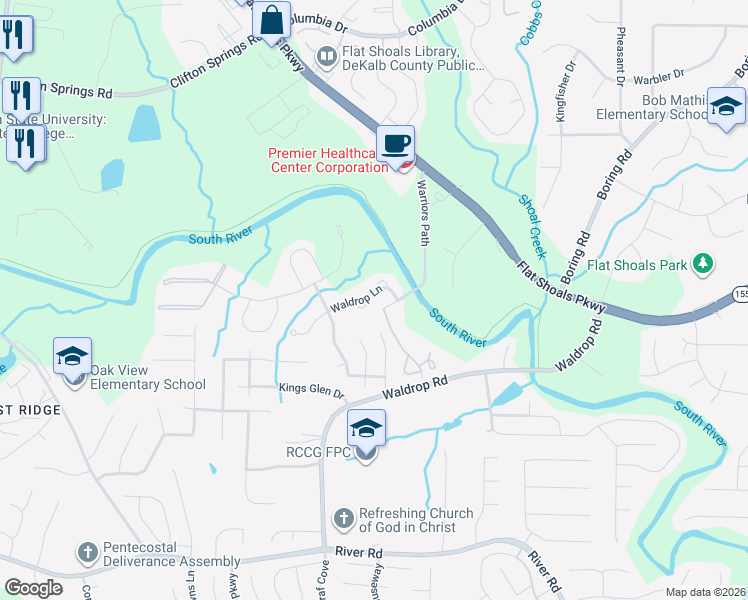 map of restaurants, bars, coffee shops, grocery stores, and more near 3814 Waldrop Lane in Decatur