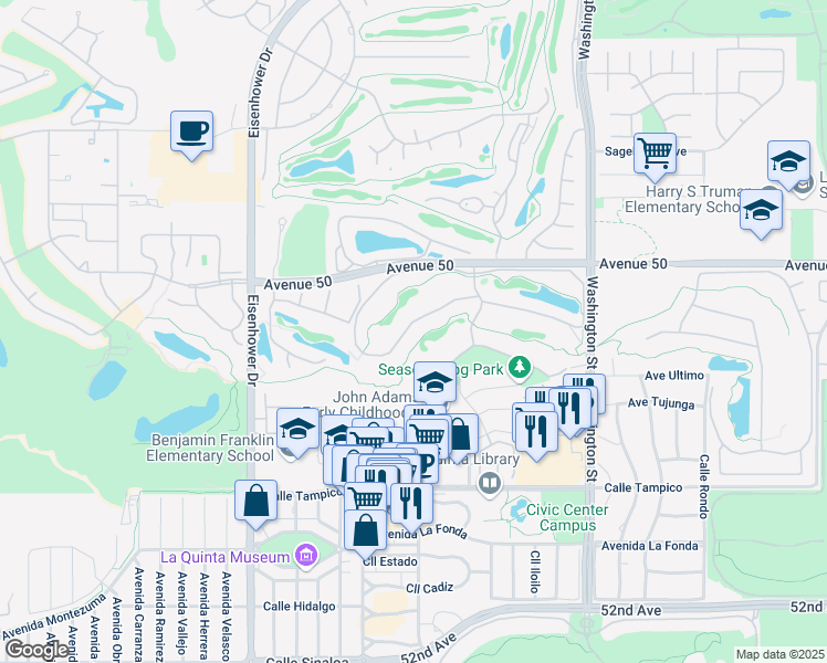 map of restaurants, bars, coffee shops, grocery stores, and more near 78206 Calle Las Ramblas in La Quinta