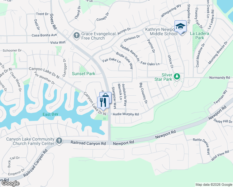map of restaurants, bars, coffee shops, grocery stores, and more near 30082 Stargazer Way in Menifee