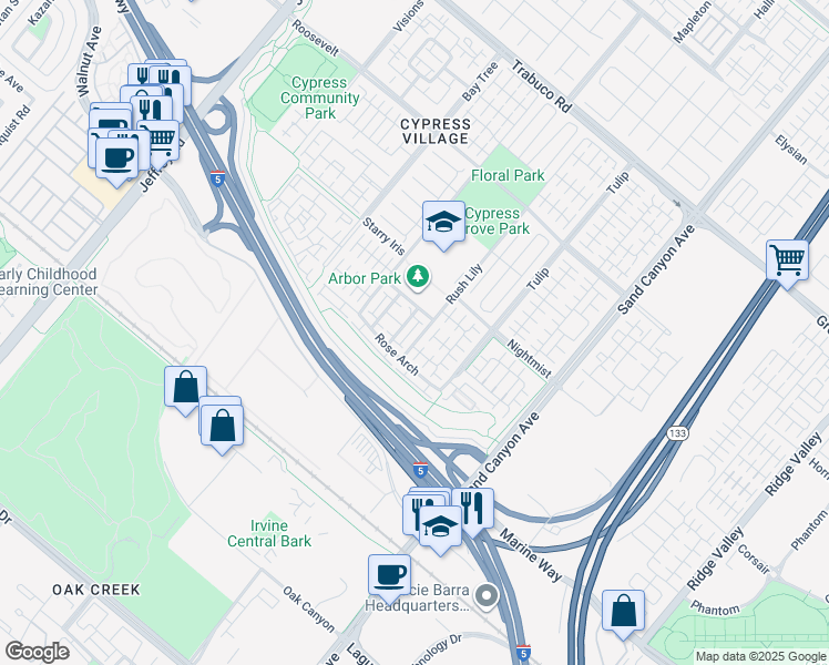 map of restaurants, bars, coffee shops, grocery stores, and more near 191 Rose Arch in Irvine