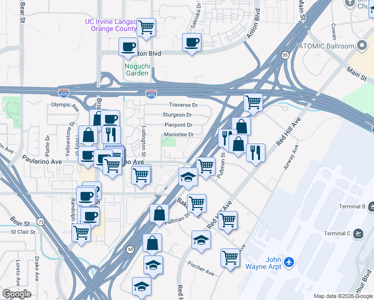 map of restaurants, bars, coffee shops, grocery stores, and more near 550 Paularino Avenue in Costa Mesa