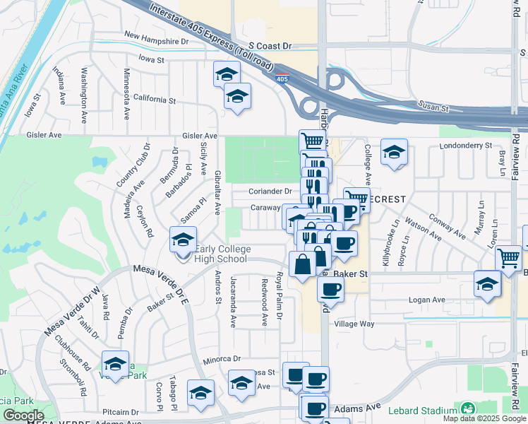 map of restaurants, bars, coffee shops, grocery stores, and more near 3095 Ginger Avenue in Costa Mesa