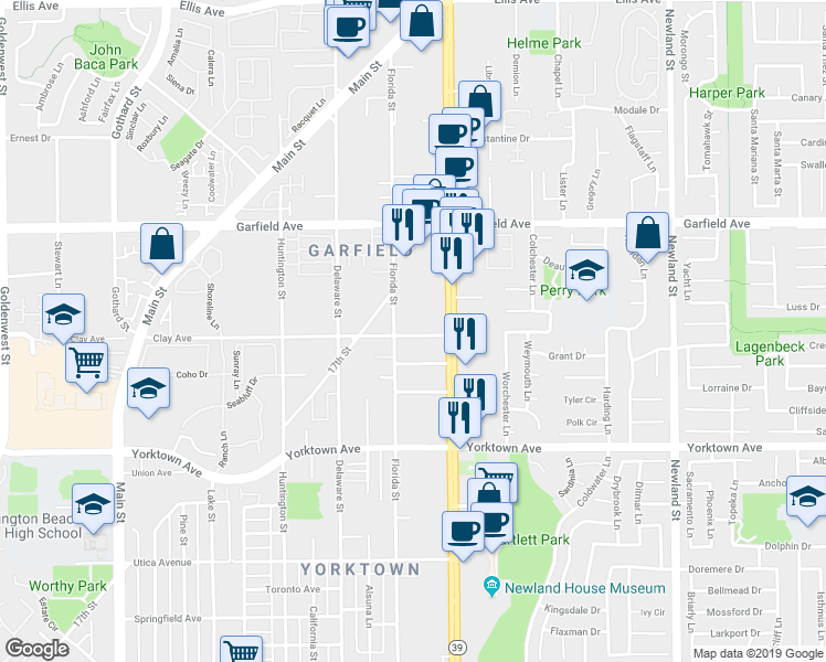 map of restaurants, bars, coffee shops, grocery stores, and more near 719 Owen Drive in Huntington Beach