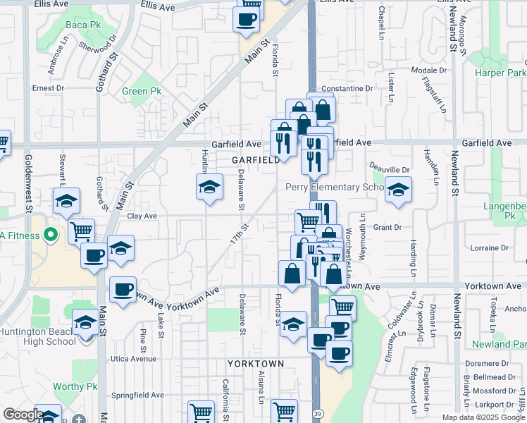 map of restaurants, bars, coffee shops, grocery stores, and more near 615 Terrace Circle in Huntington Beach