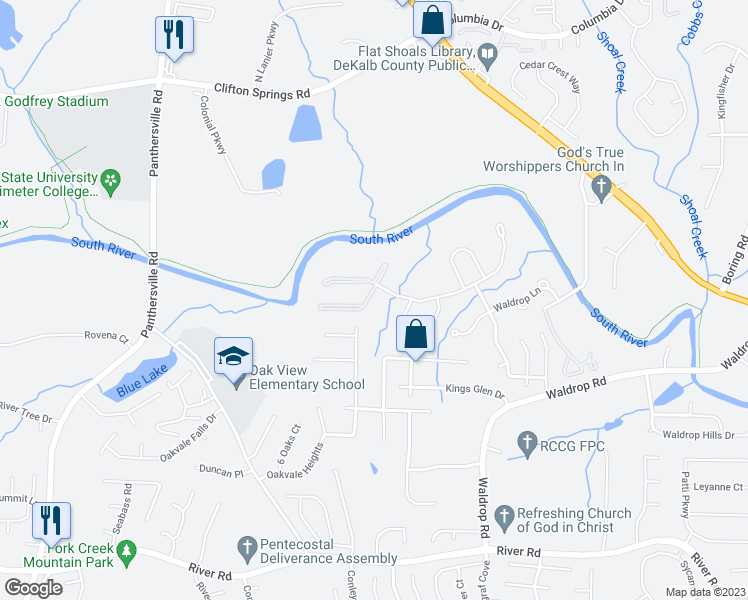 map of restaurants, bars, coffee shops, grocery stores, and more near 5303 Waldrop Place in Decatur