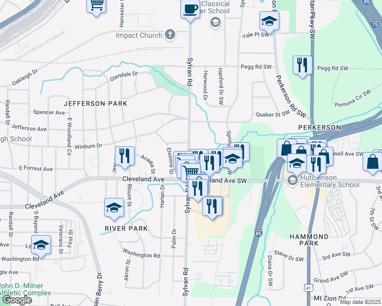 map of restaurants, bars, coffee shops, grocery stores, and more near in East Point