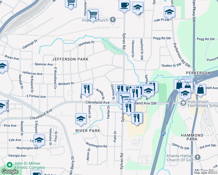 map of restaurants, bars, coffee shops, grocery stores, and more near 2660 Elsinore Street in Atlanta