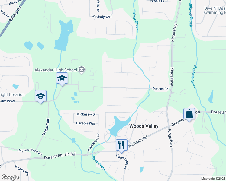 map of restaurants, bars, coffee shops, grocery stores, and more near 6355 Queens Road in Douglasville