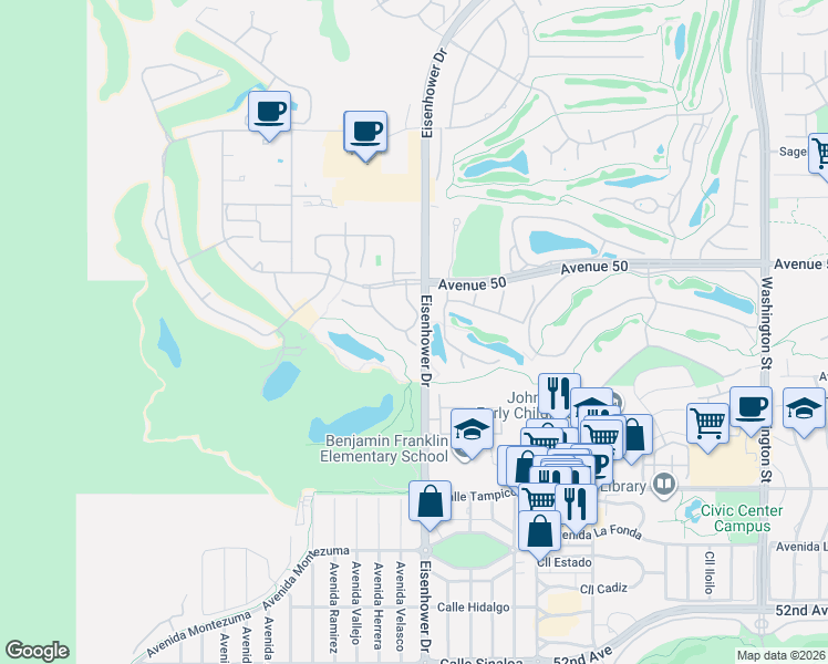 map of restaurants, bars, coffee shops, grocery stores, and more near 50172 Calle Maria in La Quinta