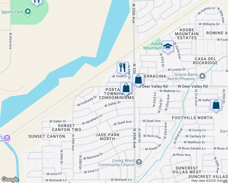 map of restaurants, bars, coffee shops, grocery stores, and more near 21655 North 36th Avenue in Glendale