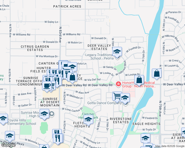 map of restaurants, bars, coffee shops, grocery stores, and more near 8035 West Louise Drive in Peoria