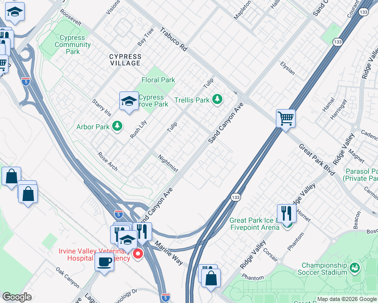 map of restaurants, bars, coffee shops, grocery stores, and more near 51 Zen Garden in Irvine