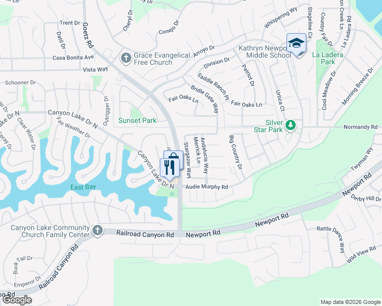 map of restaurants, bars, coffee shops, grocery stores, and more near 30082 Stargazer Way in Menifee