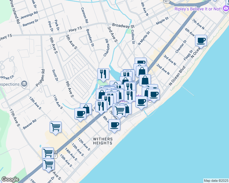 map of restaurants, bars, coffee shops, grocery stores, and more near 604 5th Avenue South in Myrtle Beach