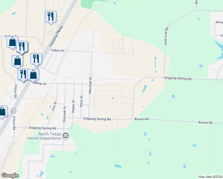 map of restaurants, bars, coffee shops, grocery stores, and more near Mark Lane in Sherman