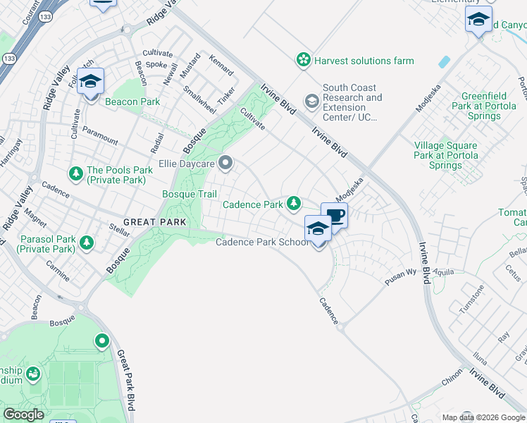 map of restaurants, bars, coffee shops, grocery stores, and more near 114 Character in Irvine