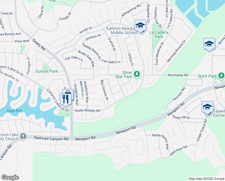 map of restaurants, bars, coffee shops, grocery stores, and more near 30195 Old Mill Road in Menifee