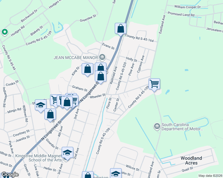 map of restaurants, bars, coffee shops, grocery stores, and more near 417 Wheeler Street in Kingstree