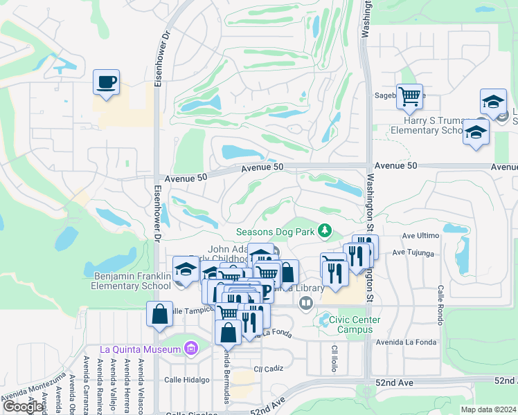 map of restaurants, bars, coffee shops, grocery stores, and more near 78133 Calle Norte in La Quinta