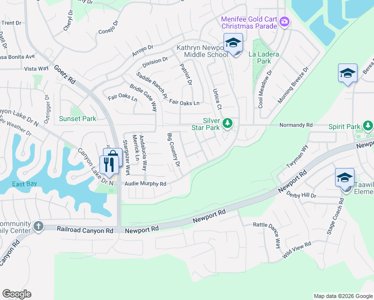 map of restaurants, bars, coffee shops, grocery stores, and more near 30195 Old Mill Road in Menifee