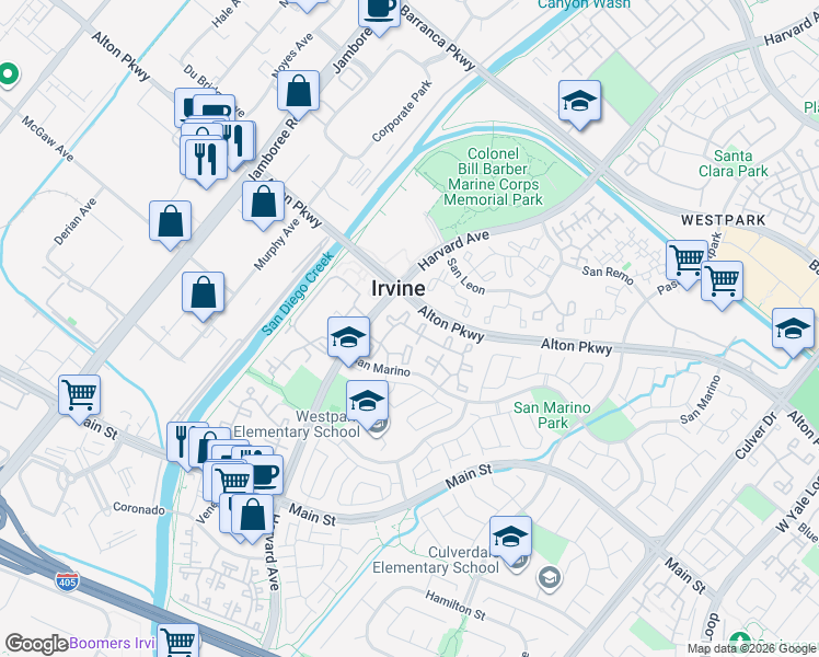 map of restaurants, bars, coffee shops, grocery stores, and more near 115 Murica Aisle in Irvine