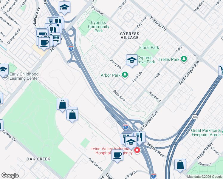map of restaurants, bars, coffee shops, grocery stores, and more near 140 Rose Arch in Irvine