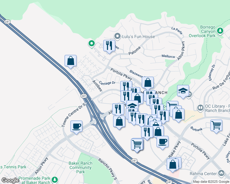 map of restaurants, bars, coffee shops, grocery stores, and more near 26322 Towne Centre Drive in Lake Forest