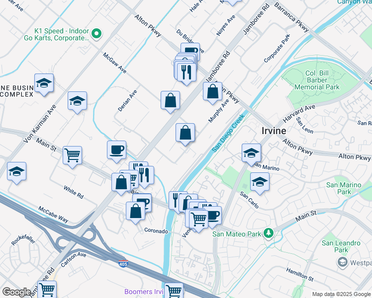map of restaurants, bars, coffee shops, grocery stores, and more near in Irvine