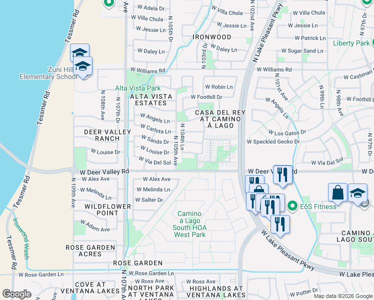map of restaurants, bars, coffee shops, grocery stores, and more near 10436 West Louise Drive in Peoria