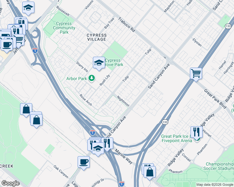 map of restaurants, bars, coffee shops, grocery stores, and more near 60 Thornapple in Irvine
