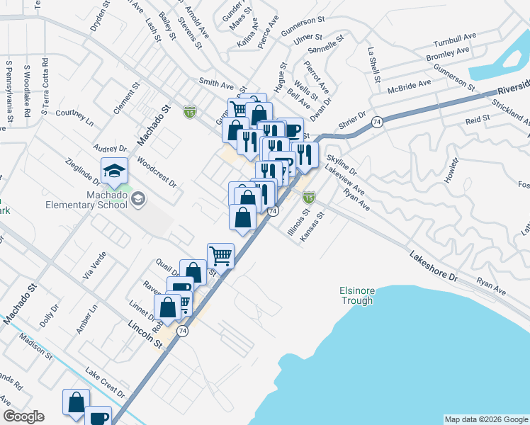 map of restaurants, bars, coffee shops, grocery stores, and more near 31253 Riverside Drive in Lake Elsinore