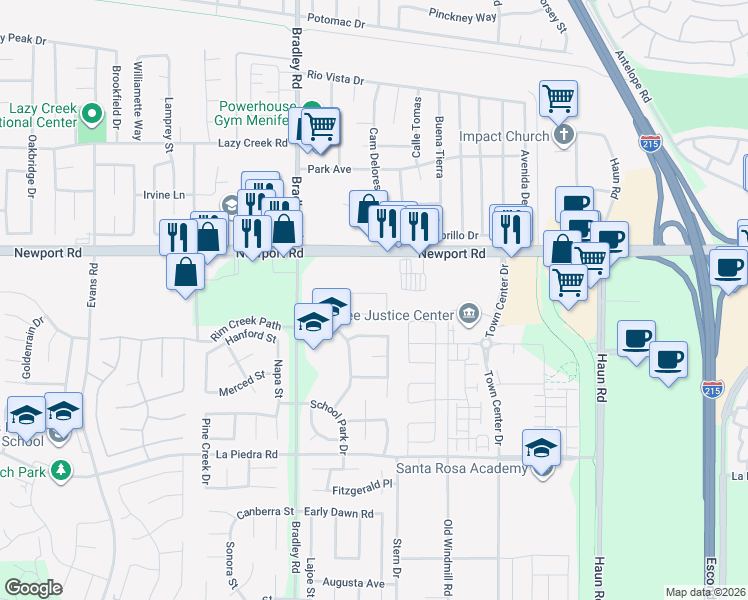 map of restaurants, bars, coffee shops, grocery stores, and more near 27199 Swift Street in Menifee