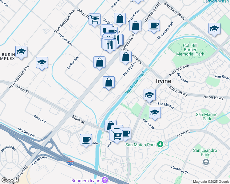 map of restaurants, bars, coffee shops, grocery stores, and more near 17242 Murphy Avenue in Irvine