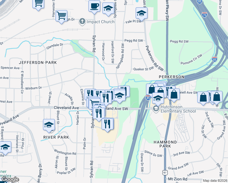 map of restaurants, bars, coffee shops, grocery stores, and more near 2611 Springdale Road Southwest in Atlanta