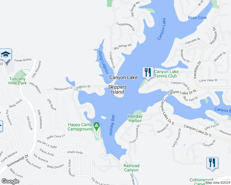 map of restaurants, bars, coffee shops, grocery stores, and more near 22244 Treasure Island Drive in Canyon Lake