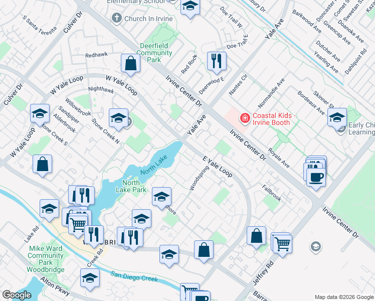 map of restaurants, bars, coffee shops, grocery stores, and more near 12 East Yale Loop in Irvine