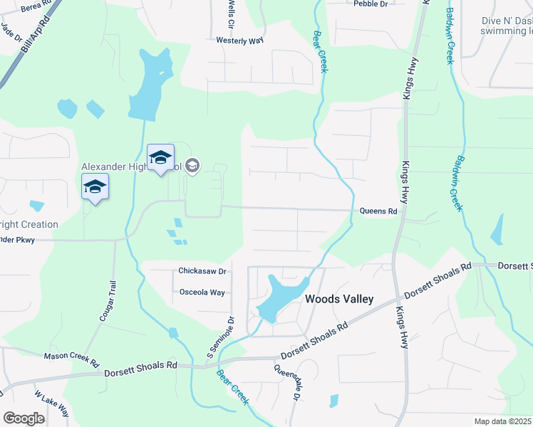 map of restaurants, bars, coffee shops, grocery stores, and more near 6355 Queens Road in Douglasville