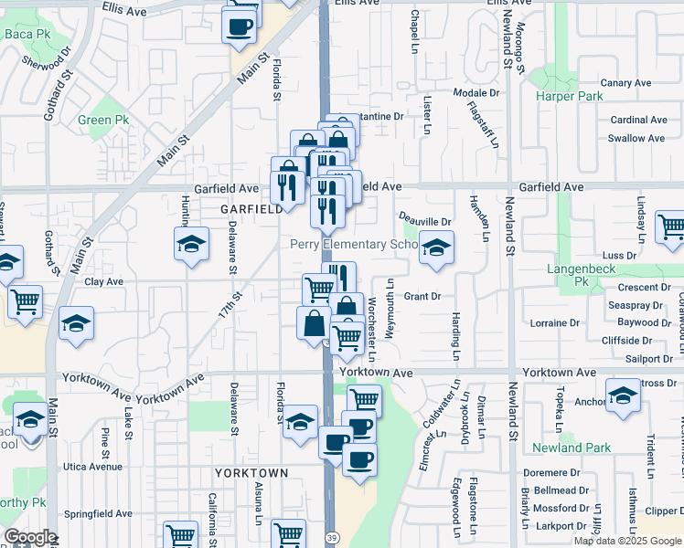 map of restaurants, bars, coffee shops, grocery stores, and more near 19202 Beach Boulevard in Huntington Beach