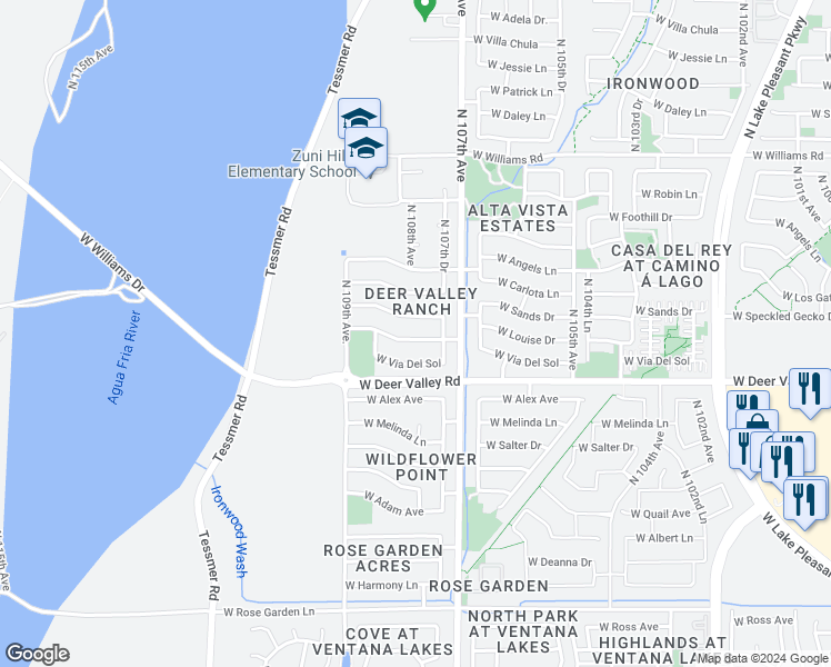 map of restaurants, bars, coffee shops, grocery stores, and more near 10778 West Louise Drive in Sun City