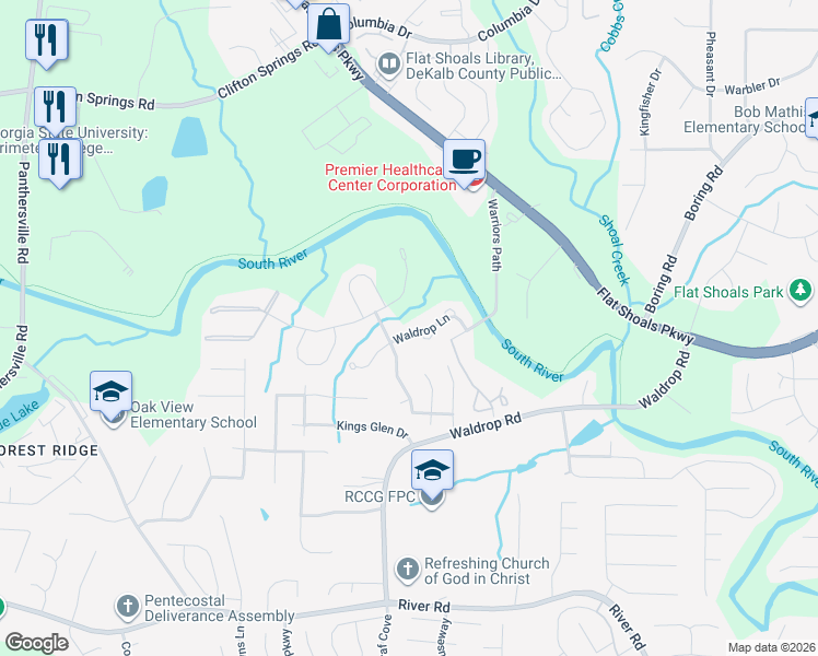 map of restaurants, bars, coffee shops, grocery stores, and more near 3383 Waldrop Trail in Decatur