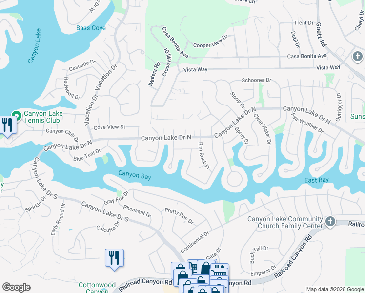 map of restaurants, bars, coffee shops, grocery stores, and more near 23190 Wild Rice Drive in Canyon Lake