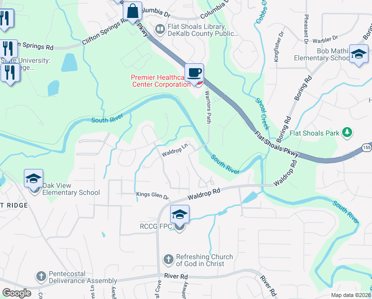 map of restaurants, bars, coffee shops, grocery stores, and more near 3783 Waldrop Lane in Decatur