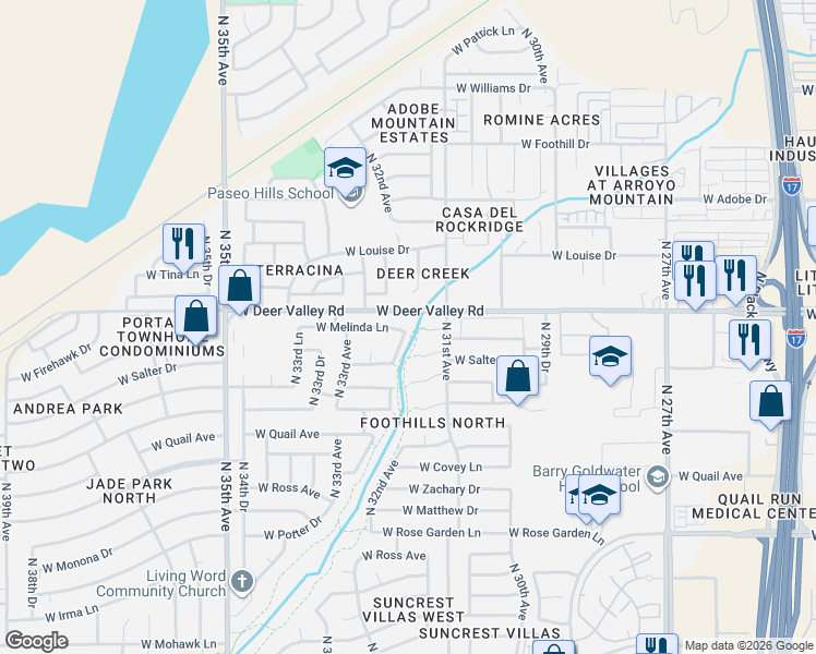 map of restaurants, bars, coffee shops, grocery stores, and more near 3202 West Deer Valley Road in Phoenix