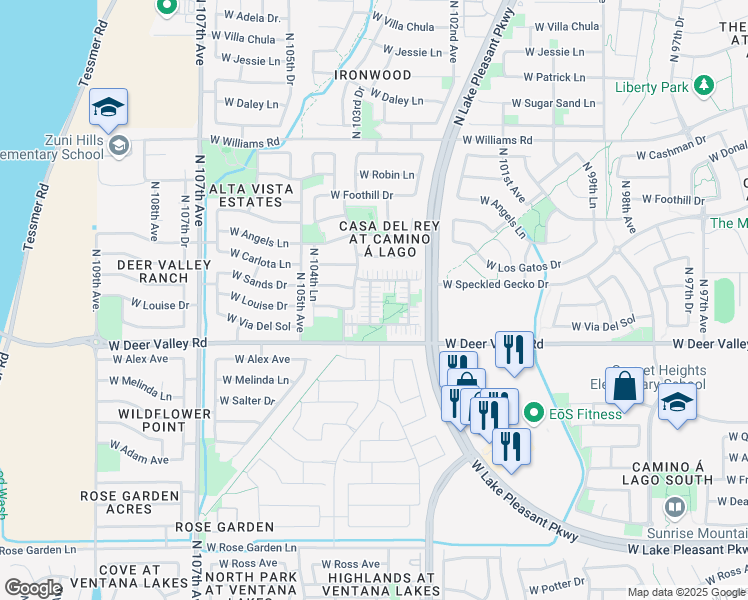 map of restaurants, bars, coffee shops, grocery stores, and more near 10370 West Sands Drive in Peoria