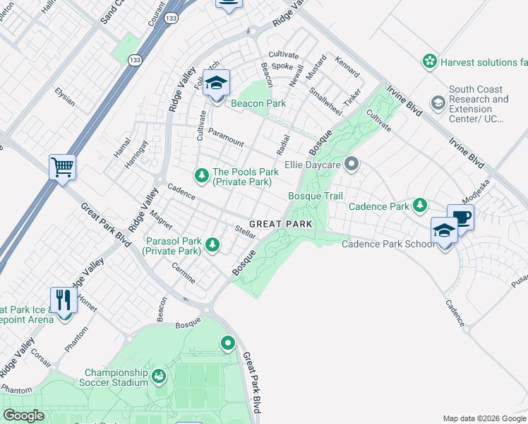 map of restaurants, bars, coffee shops, grocery stores, and more near 115 Nickel in Irvine